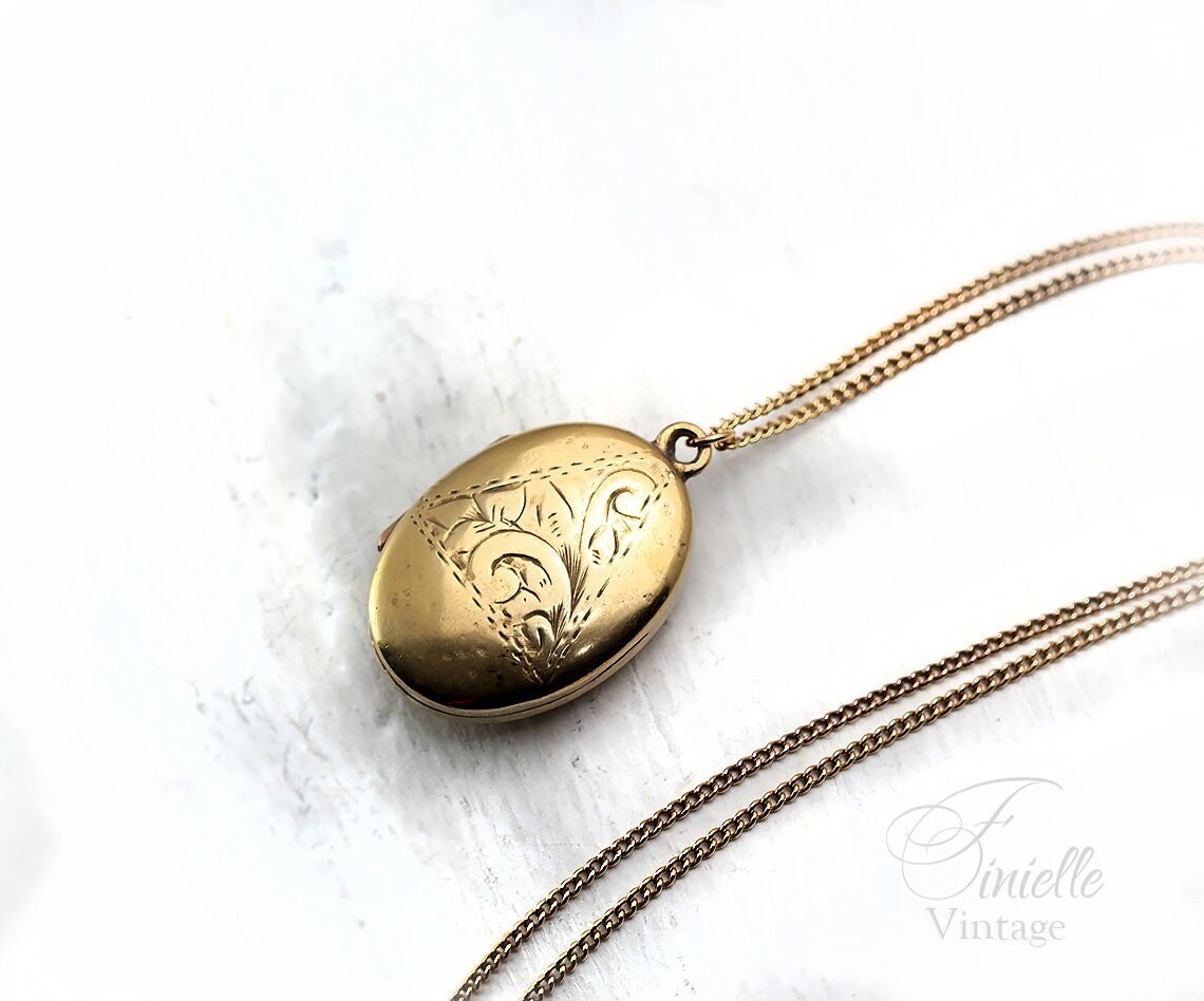 Rolled Gold Vintage 1920s Oval 2 Photo Locket Pendant Necklace, Engraved Ornate Floral, Gold Plated Chain, Unique Antique Jewelry