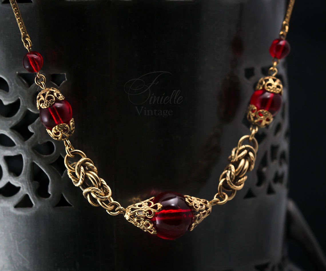 Vintage Art Deco 1920s, Antique Czech Craftsmanship Bohemian Red Glass Beaded Necklace, Gold Plated Brass, Unique Jewelry Jewellery