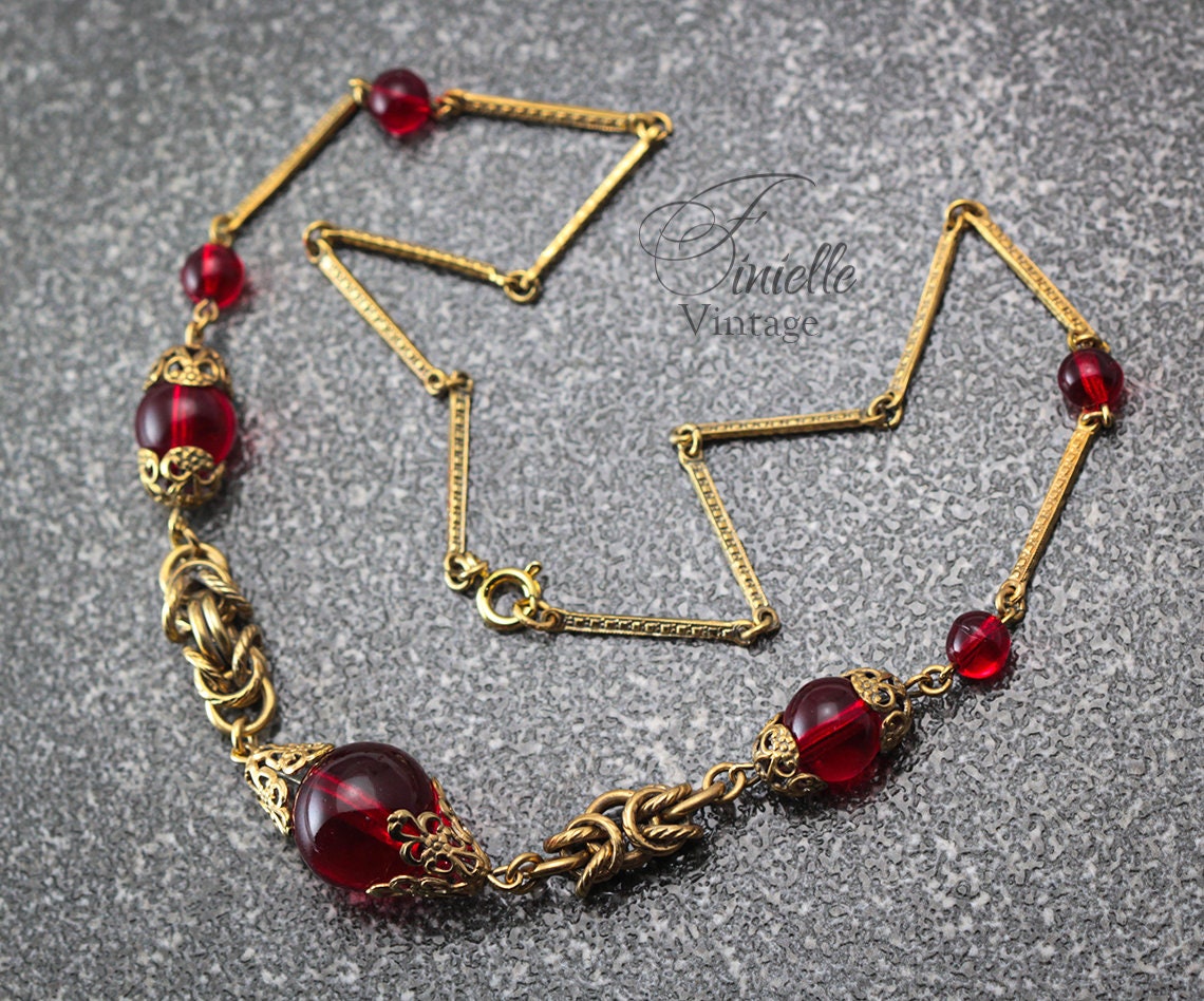 Vintage Art Deco 1920s, Antique Czech Craftsmanship Bohemian Red Glass Beaded Necklace, Gold Plated Brass, Unique Jewelry Jewellery