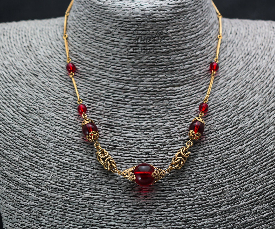 Vintage Art Deco 1920s, Antique Czech Craftsmanship Bohemian Red Glass Beaded Necklace, Gold Plated Brass, Unique Jewelry Jewellery