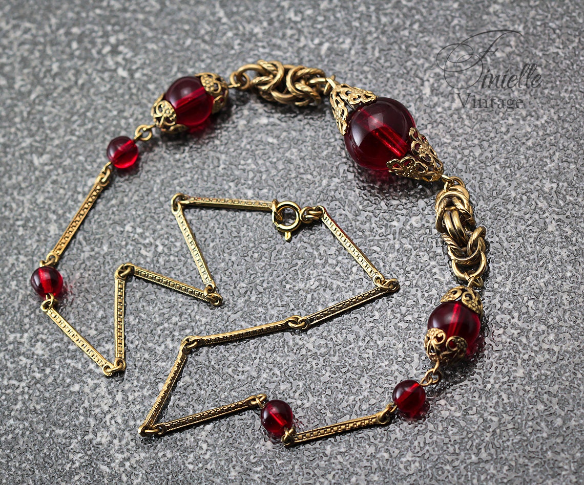 Vintage Art Deco 1920s, Antique Czech Craftsmanship Bohemian Red Glass Beaded Necklace, Gold Plated Brass, Unique Jewelry Jewellery