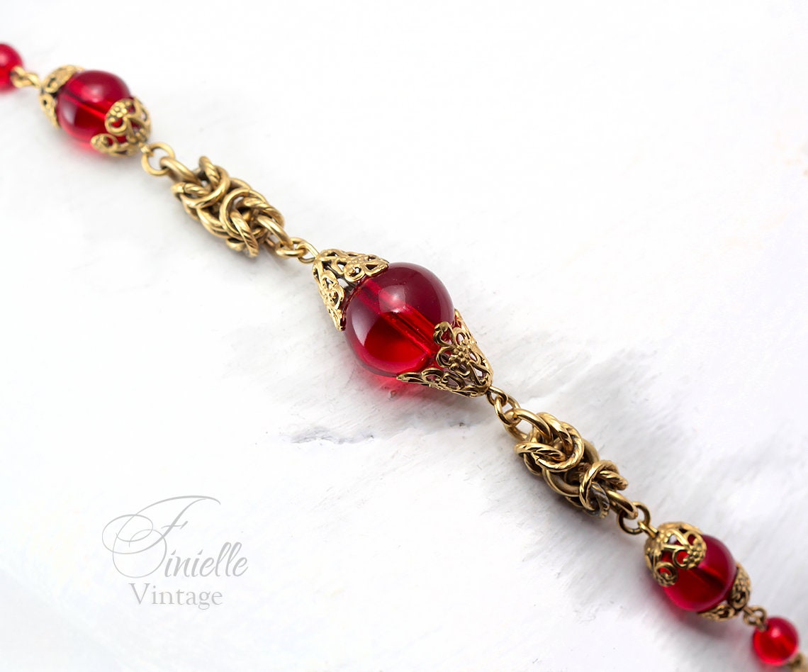 Vintage Art Deco 1920s, Antique Czech Craftsmanship Bohemian Red Glass Beaded Necklace, Gold Plated Brass, Unique Jewelry Jewellery