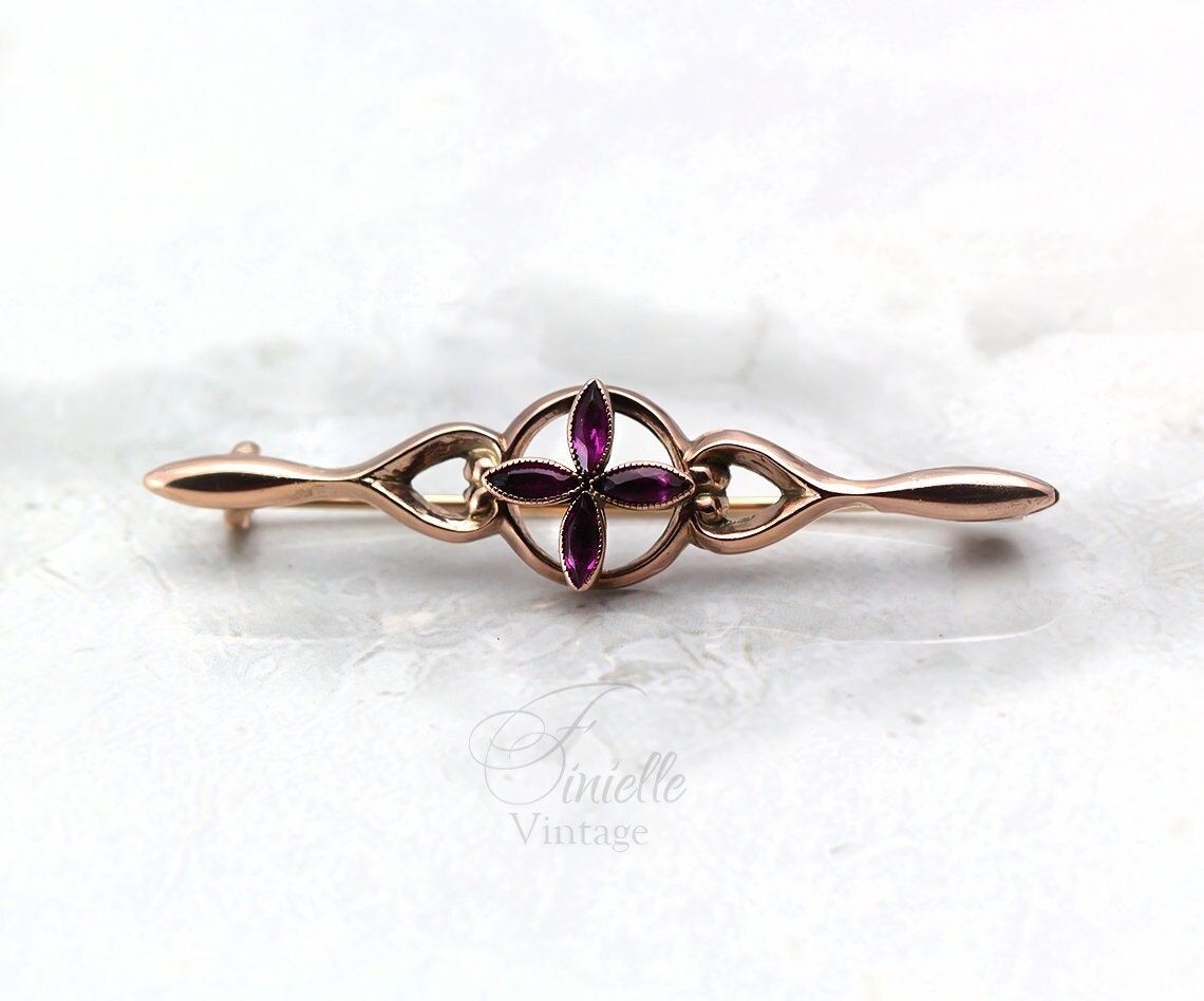 Antique Circa 1910 Edwardian Rose Gold Plated Brooch, Amethyst Purple Rhinestones, Unique Gift, Antique Jewelry Jewellery