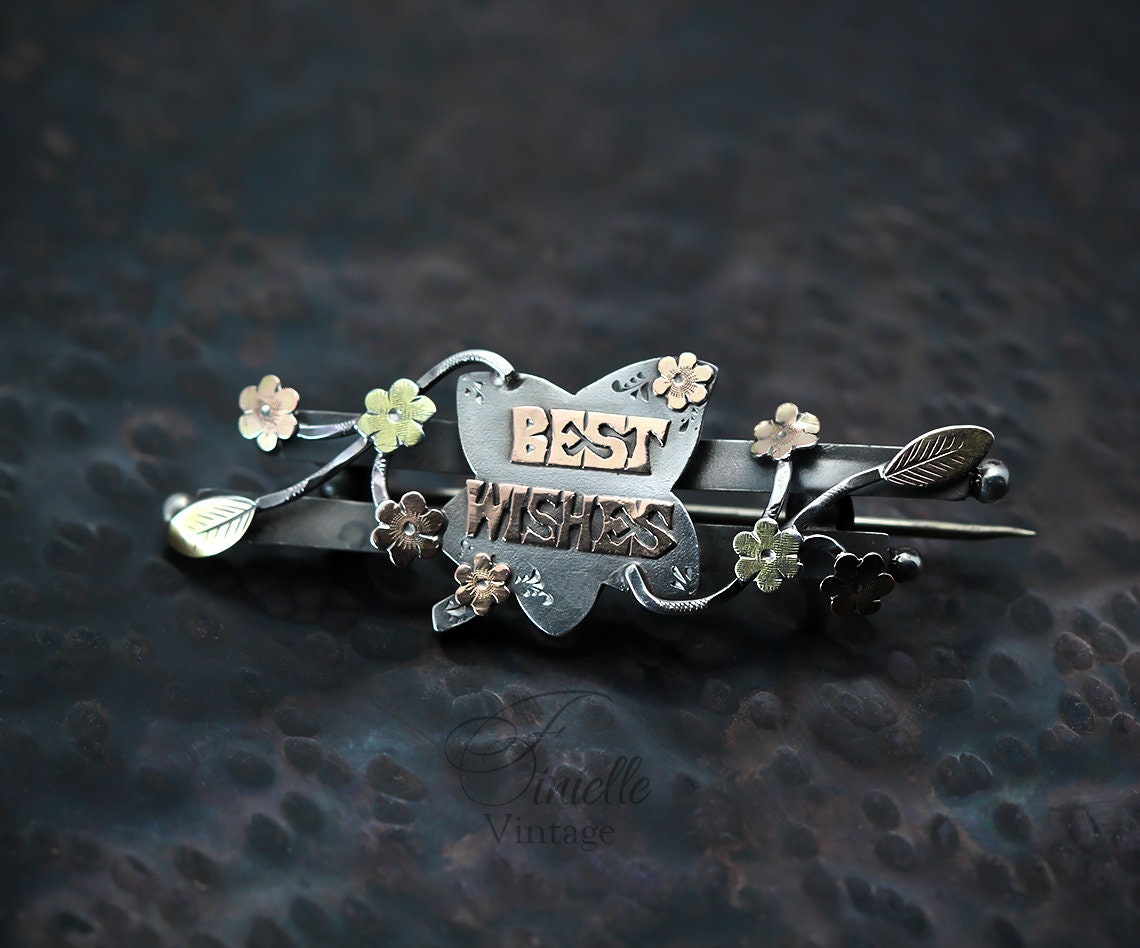 Sterling Silver, Rose and Yellow 9ct Gold, Victorian 1899 Brooch | Hallmarked S.Bros Birmingham, Floral, Best Wishes, Unique Antique Jewelry