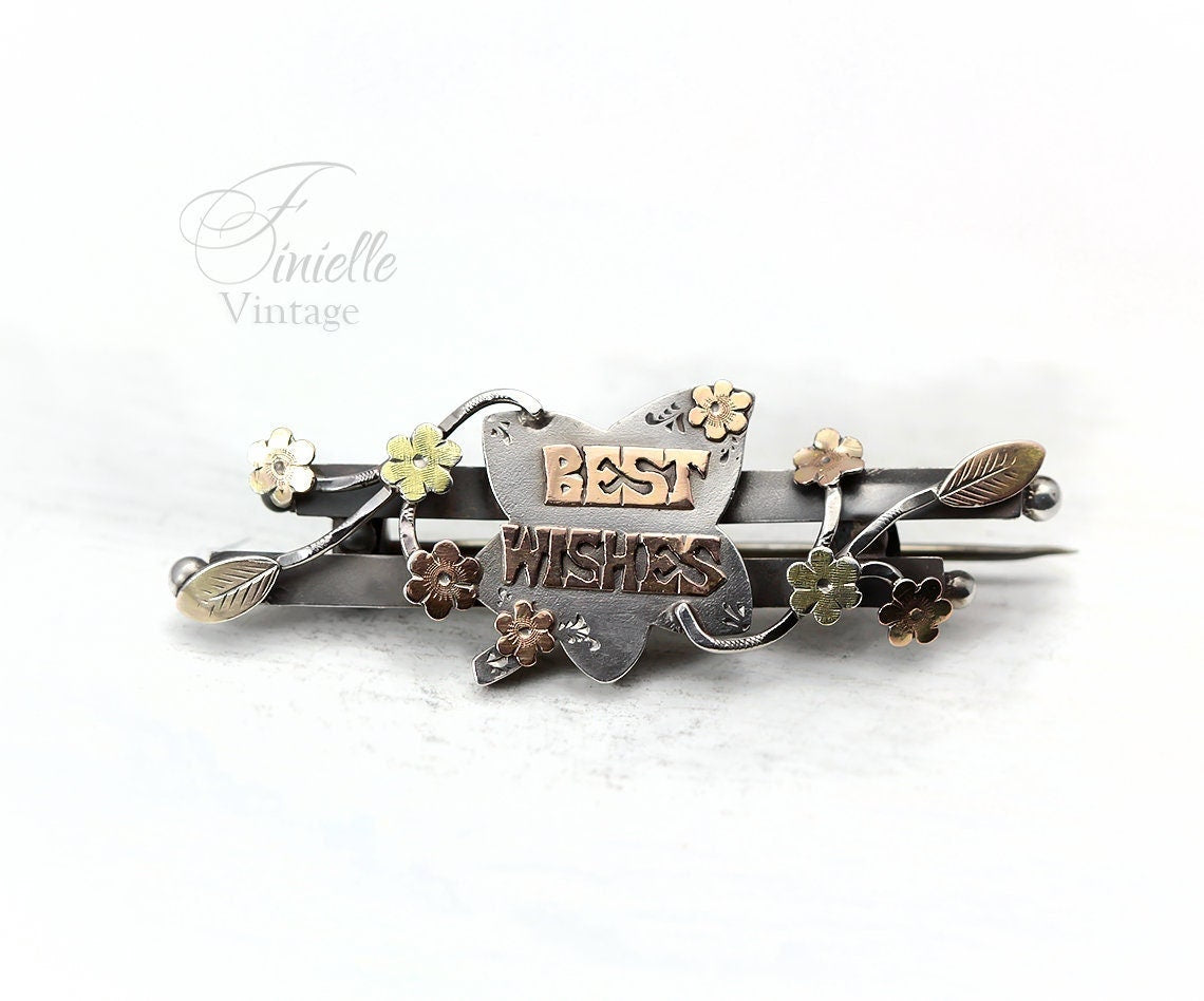 Sterling Silver, Rose and Yellow 9ct Gold, Victorian 1899 Brooch | Hallmarked S.Bros Birmingham, Floral, Best Wishes, Unique Antique Jewelry