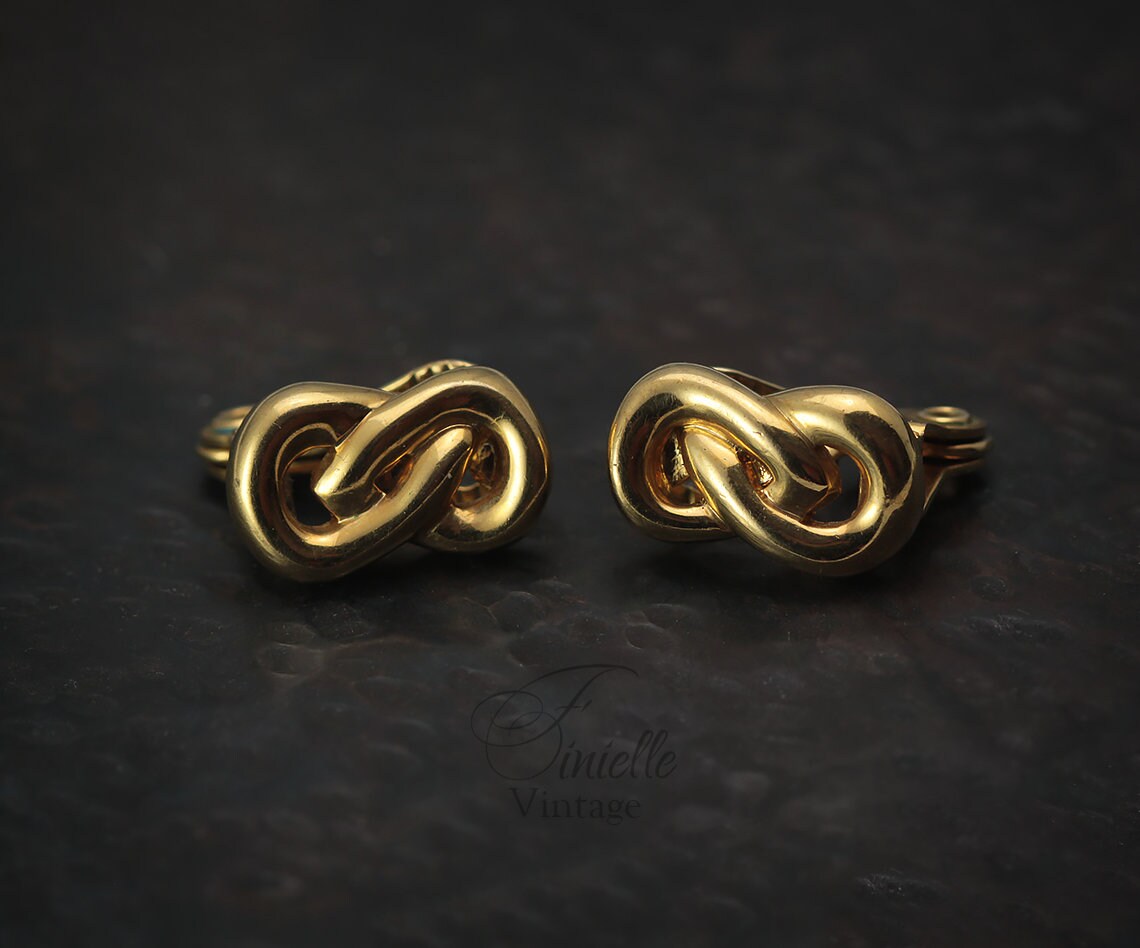Vintage 1980s Monet Knot Clip-On Earrings, Yellow Gold Plated, Gift for Women, Yellow Gold Tone Art Deco style Jewelry jewellery
