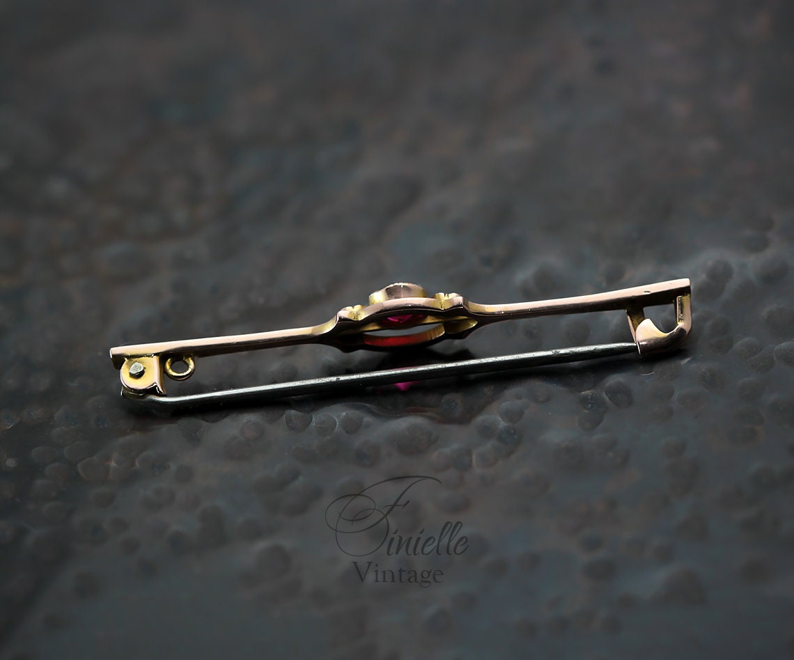 Antique Circa 1910 Edwardian 9ct Rose Gold Bar Brooch, Ruby and Seed Pearls, Hallmarked Chester, Unique Gift, Antique Jewelry Jewellery