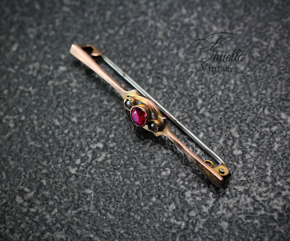 Antique Circa 1910 Edwardian 9ct Rose Gold Bar Brooch, Ruby and Seed Pearls, Hallmarked Chester, Unique Gift, Antique Jewelry Jewellery