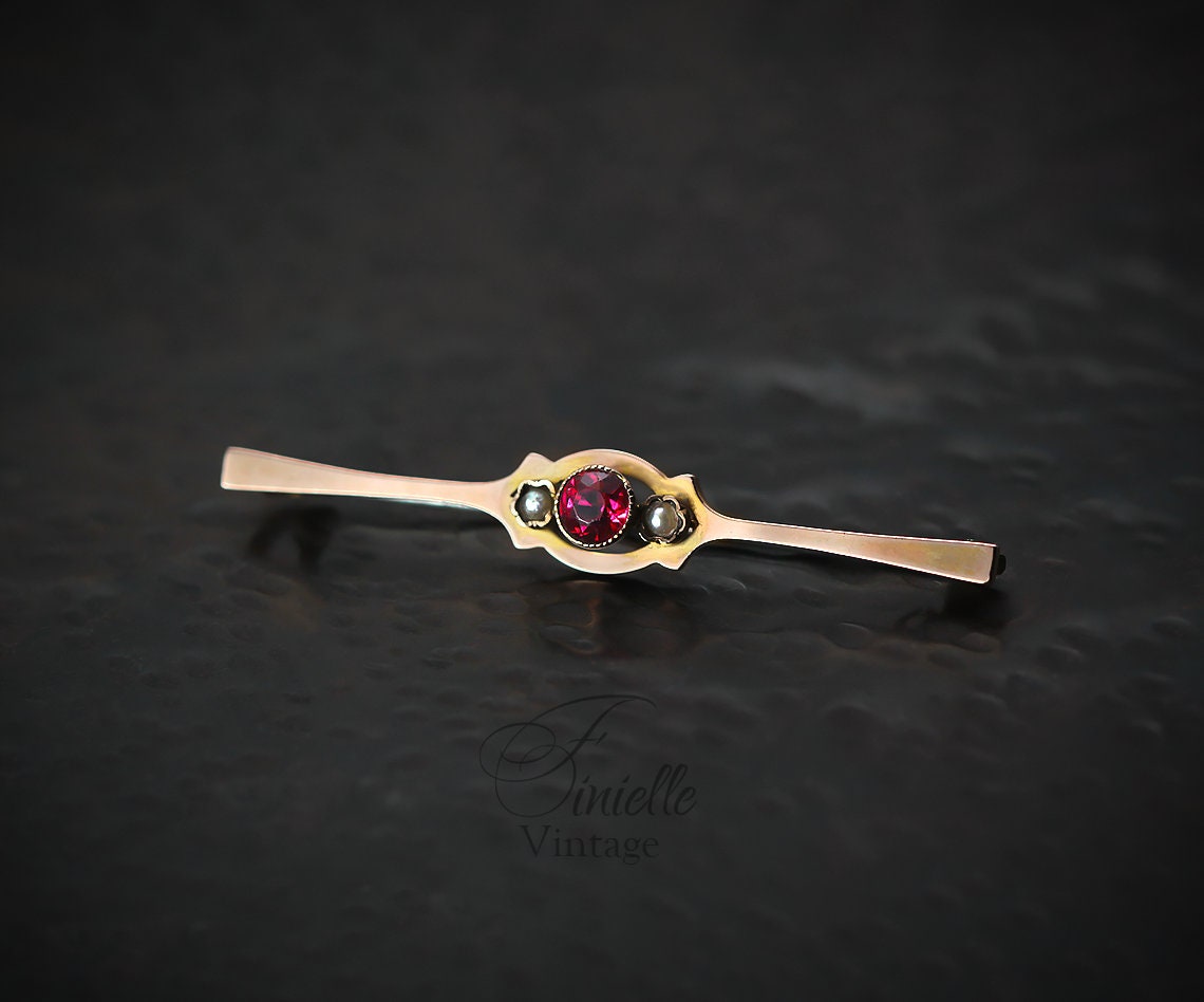 Antique Circa 1910 Edwardian 9ct Rose Gold Bar Brooch, Ruby and Seed Pearls, Hallmarked Chester, Unique Gift, Antique Jewelry Jewellery