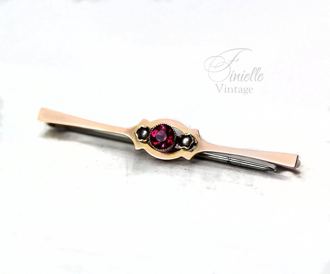 Antique Circa 1910 Edwardian 9ct Rose Gold Bar Brooch, Ruby and Seed Pearls, Hallmarked Chester, Unique Gift, Antique Jewelry Jewellery