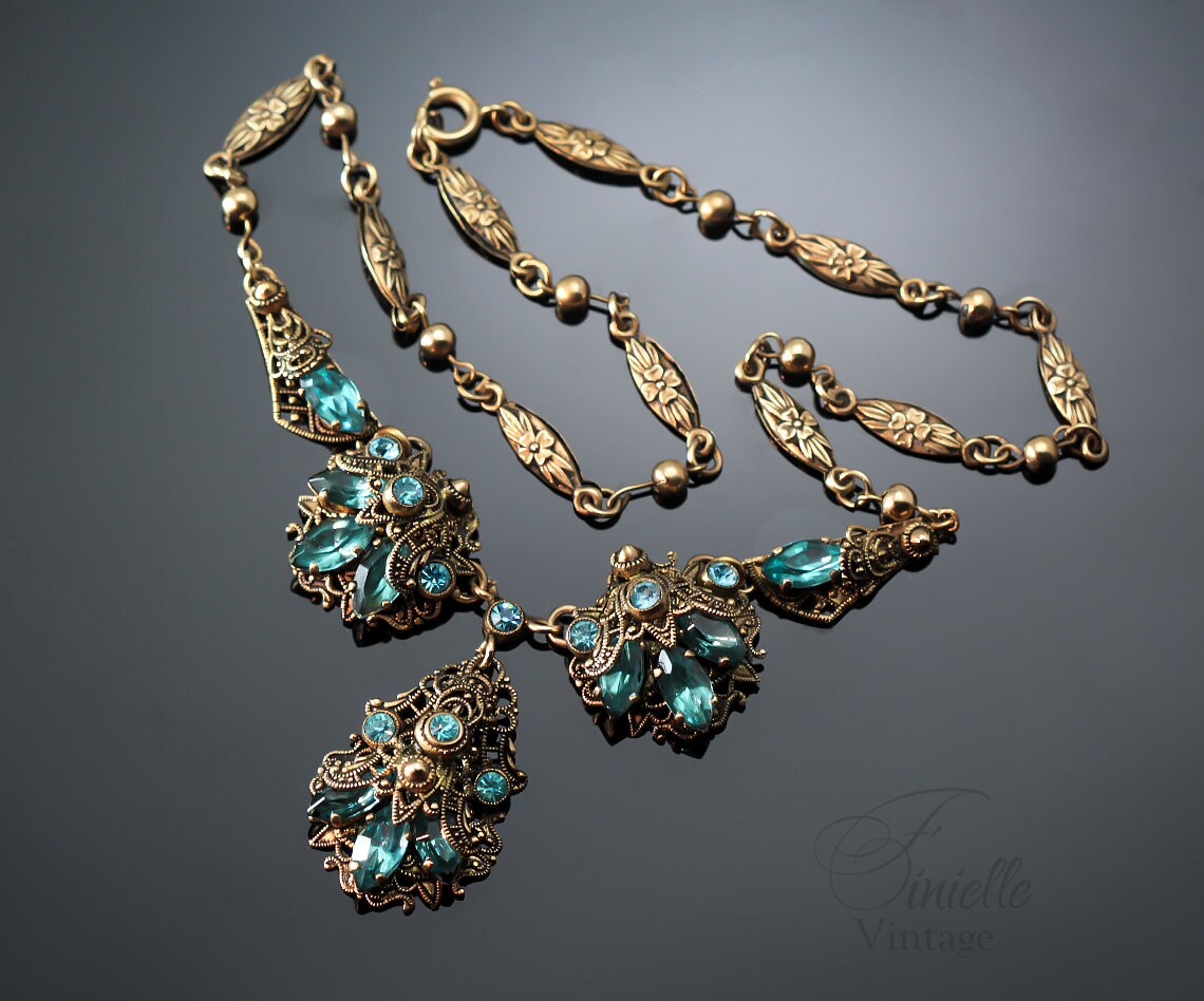 Vintage Art Deco 1920s 1930s, Czech Craftsmanship Bohemian Filigree Necklace, Aquamarine Crystal Rhinestones, Gilded, Unique Jewelry Gift