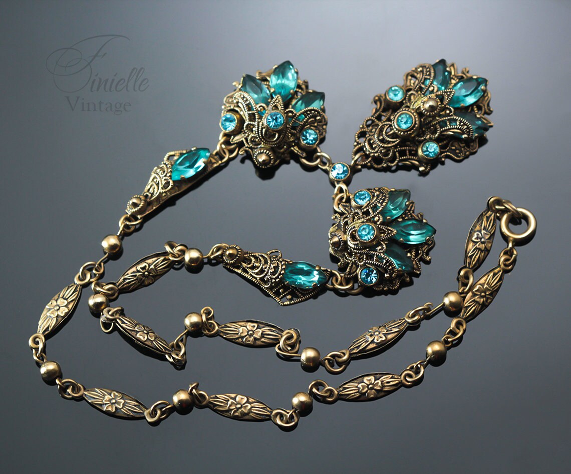 Vintage Art Deco 1920s 1930s, Czech Craftsmanship Bohemian Filigree Necklace, Aquamarine Crystal Rhinestones, Gilded, Unique Jewelry Gift