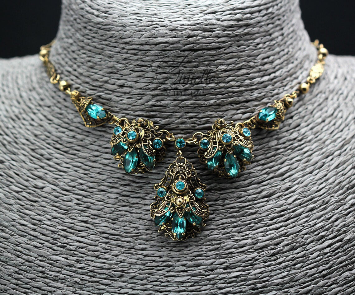 Vintage Art Deco 1920s 1930s, Czech Craftsmanship Bohemian Filigree Necklace, Aquamarine Crystal Rhinestones, Gilded, Unique Jewelry Gift