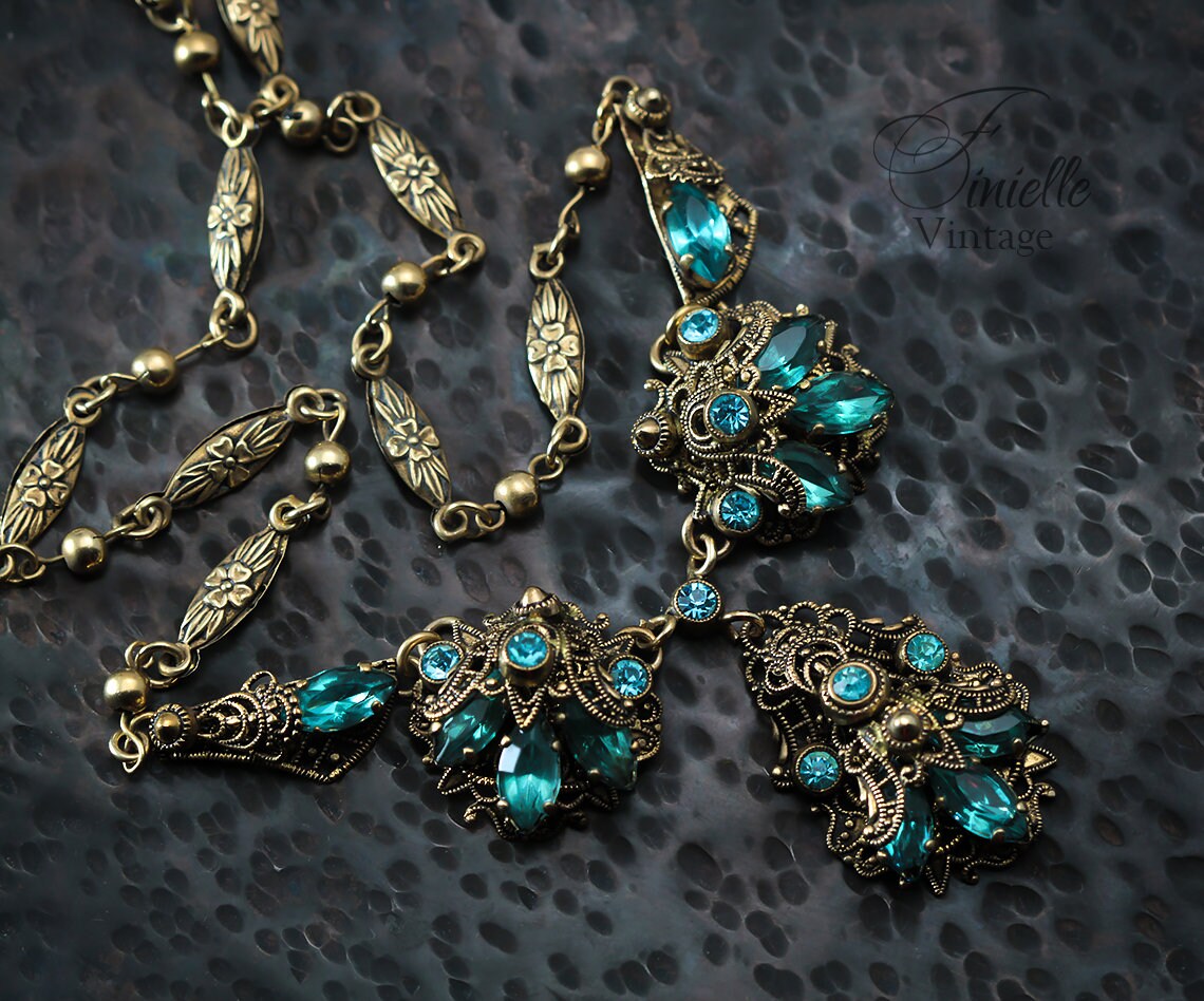 Vintage Art Deco 1920s 1930s, Czech Craftsmanship Bohemian Filigree Necklace, Aquamarine Crystal Rhinestones, Gilded, Unique Jewelry Gift