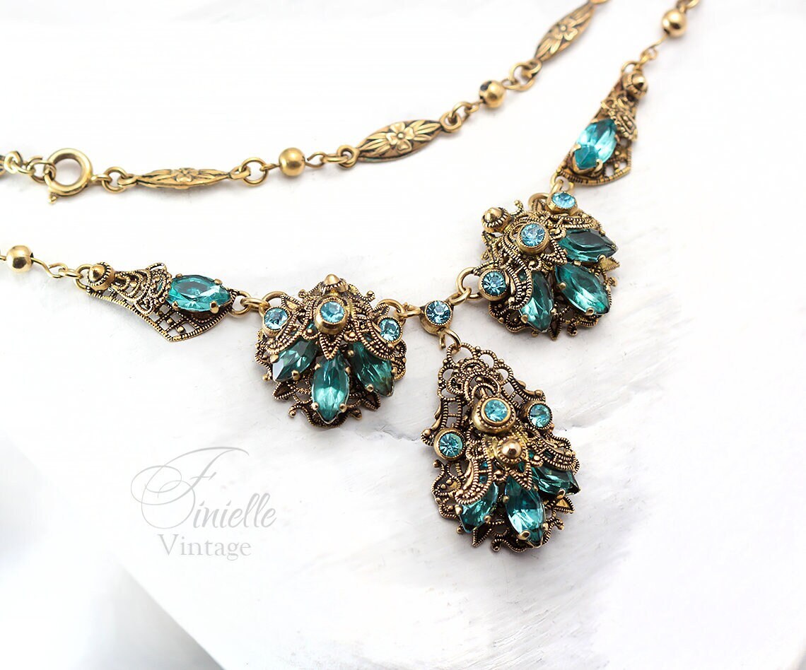 Vintage Art Deco 1920s 1930s, Czech Craftsmanship Bohemian Filigree Necklace, Aquamarine Crystal Rhinestones, Gilded, Unique Jewelry Gift
