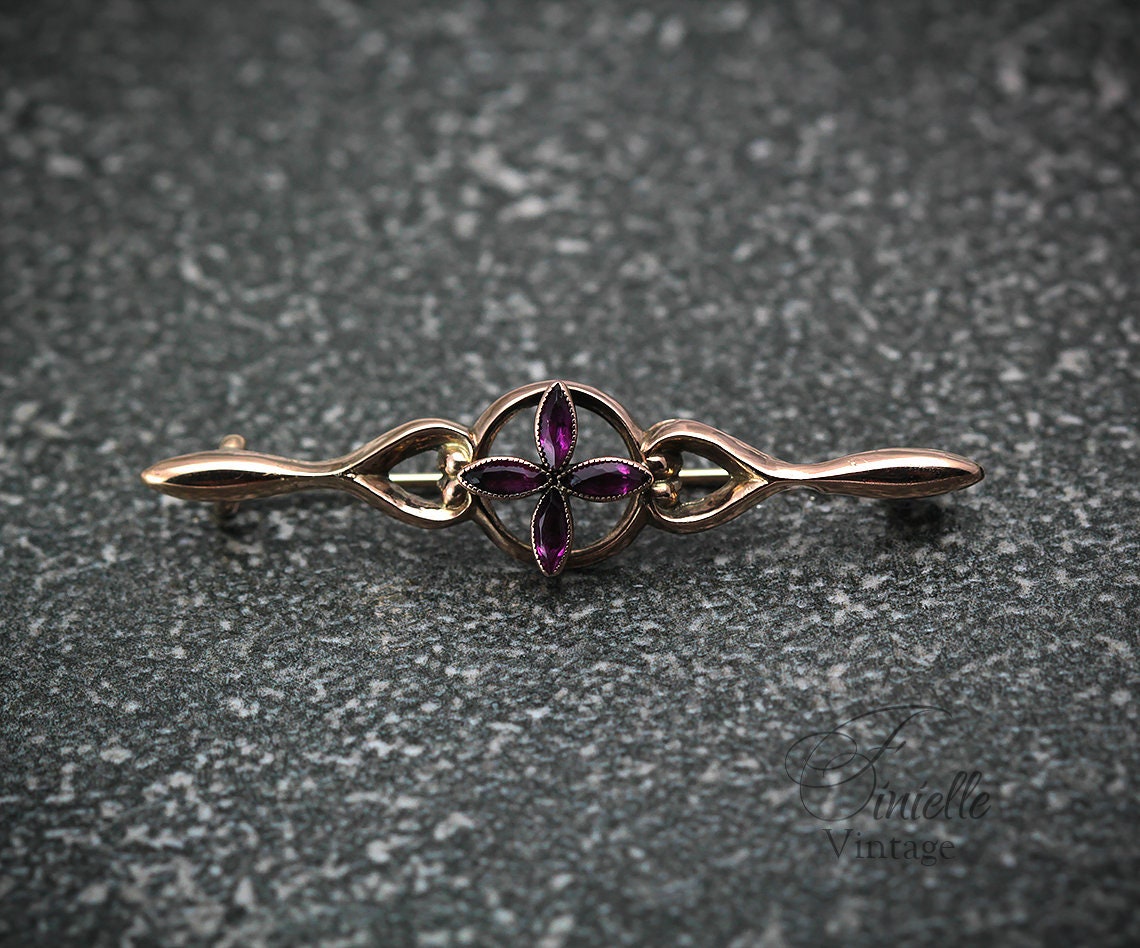 Antique Circa 1910 Edwardian Rose Gold Plated Brooch, Amethyst Purple Rhinestones, Unique Gift, Antique Jewelry Jewellery