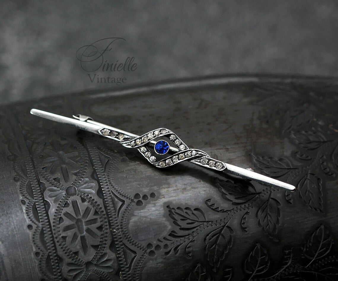 Antique 1910s Edwardian 935 Sterling Silver Bar Brooch, Sapphire Blue & Clear Glass Rhinestones, Unique Gift, Antique Jewelry Jewellery