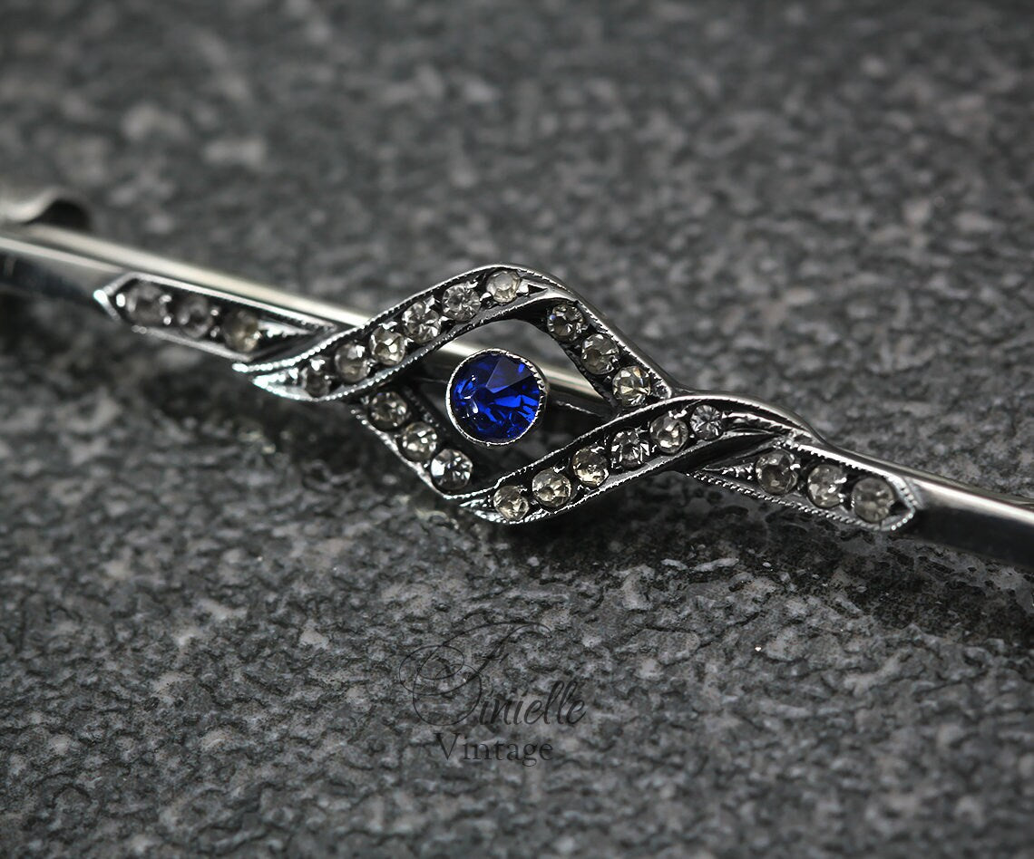 Antique 1910s Edwardian 935 Sterling Silver Bar Brooch, Sapphire Blue & Clear Glass Rhinestones, Unique Gift, Antique Jewelry Jewellery