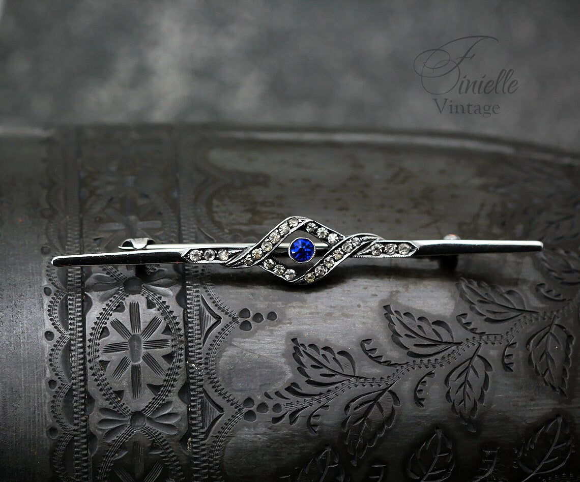 Antique 1910s Edwardian 935 Sterling Silver Bar Brooch, Sapphire Blue & Clear Glass Rhinestones, Unique Gift, Antique Jewelry Jewellery