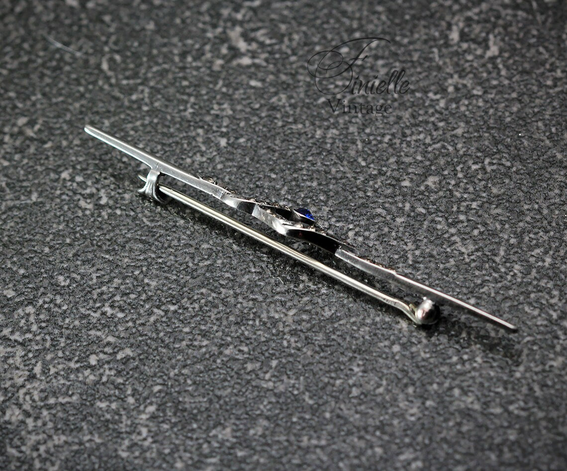 Antique 1910s Edwardian 935 Sterling Silver Bar Brooch, Sapphire Blue & Clear Glass Rhinestones, Unique Gift, Antique Jewelry Jewellery