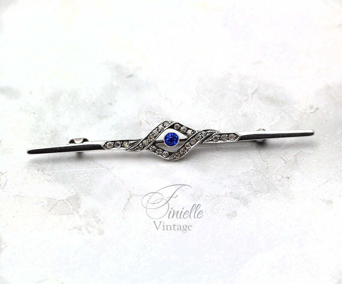 Antique 1910s Edwardian 935 Sterling Silver Bar Brooch, Sapphire Blue & Clear Glass Rhinestones, Unique Gift, Antique Jewelry Jewellery