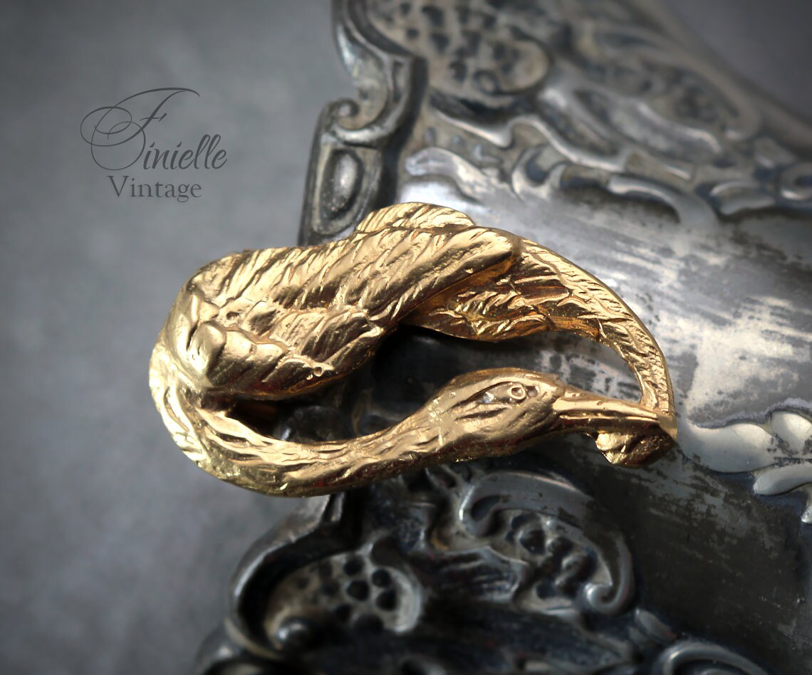 Vintage 1930-1940s Art Nouveau Style Brooch Dress Clip, Heron Bird Wings, Signed EG S, 18k Gold Plated Brass, Unique Gift Vintage Jewelry