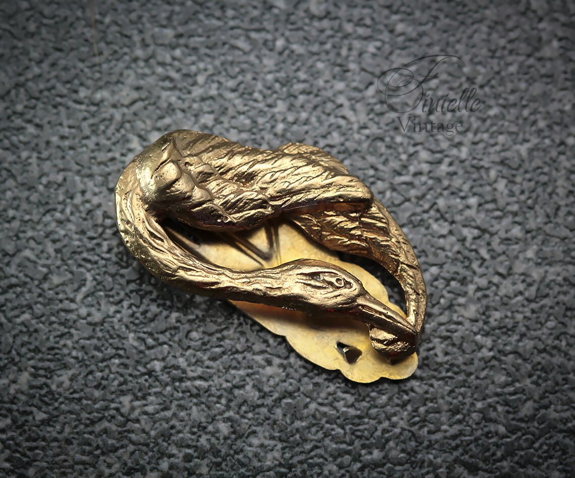 Vintage 1930-1940s Art Nouveau Style Brooch Dress Clip, Heron Bird Wings, Signed EG S, 18k Gold Plated Brass, Unique Gift Vintage Jewelry