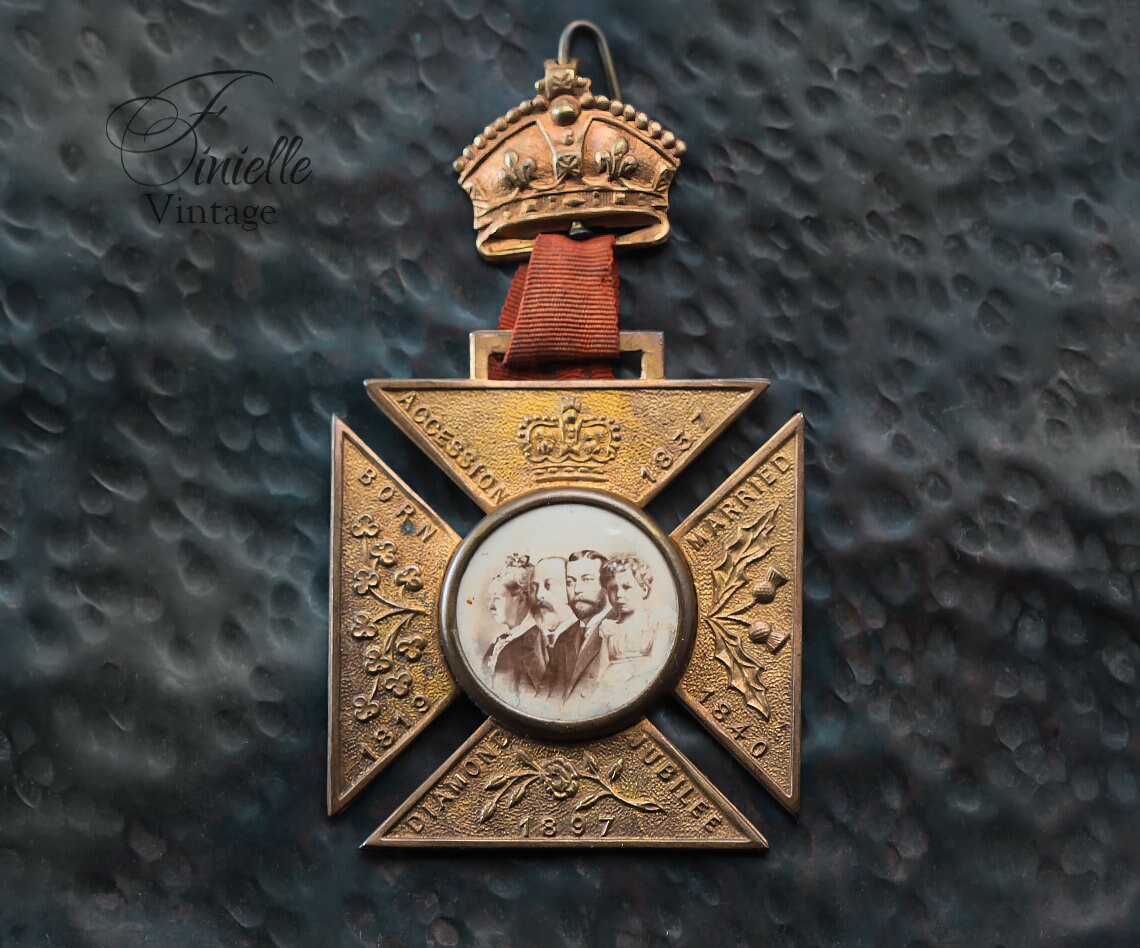 Antique 1897 Queen Victoria Diamond Jubilee Medal, Family Photo in Sepia, Cross Medal Badge, Antique Patina, Gold Plated Bronze, RARE item