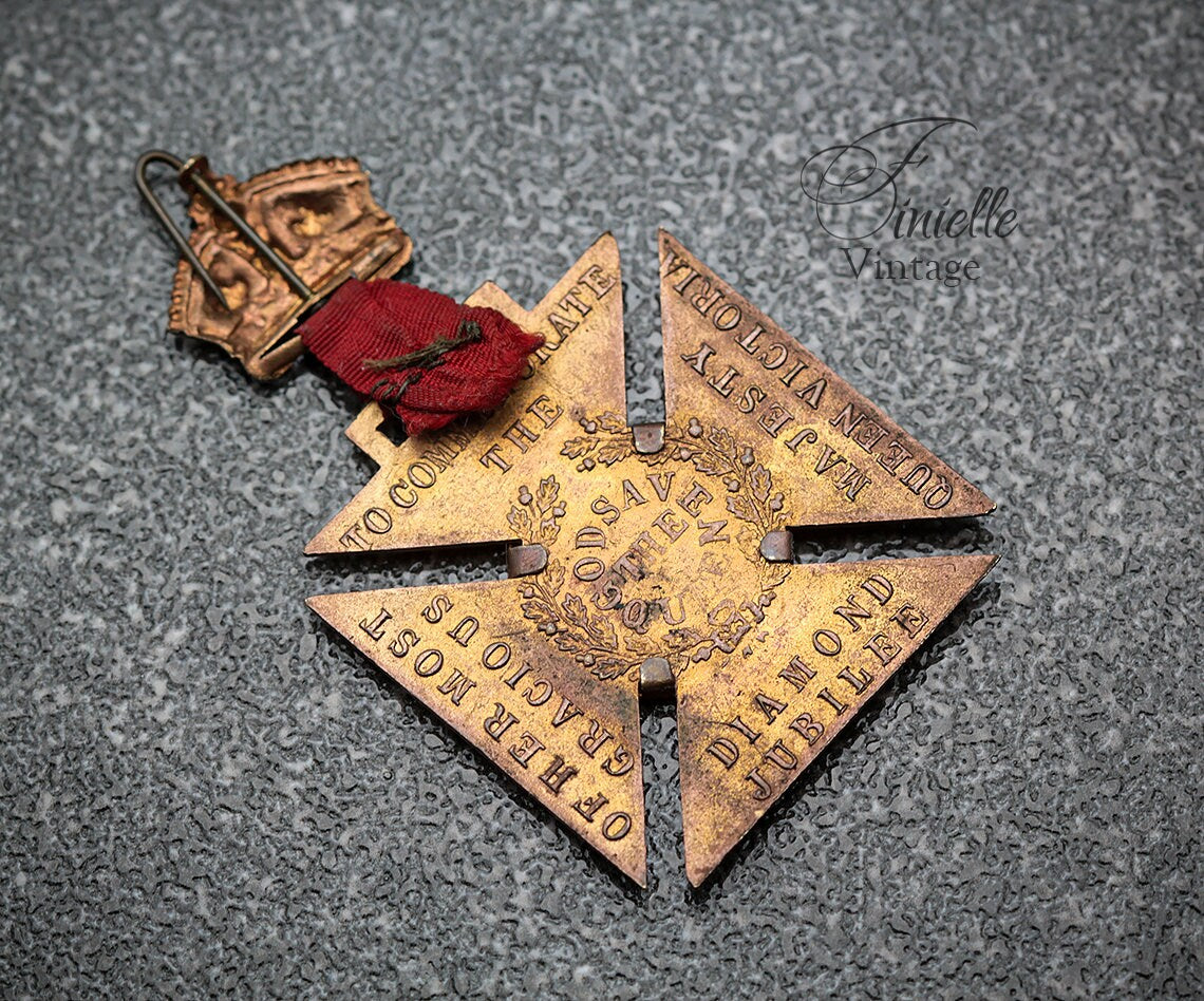 Antique 1897 Queen Victoria Diamond Jubilee Medal, Family Photo in Sepia, Cross Medal Badge, Antique Patina, Gold Plated Bronze, RARE item