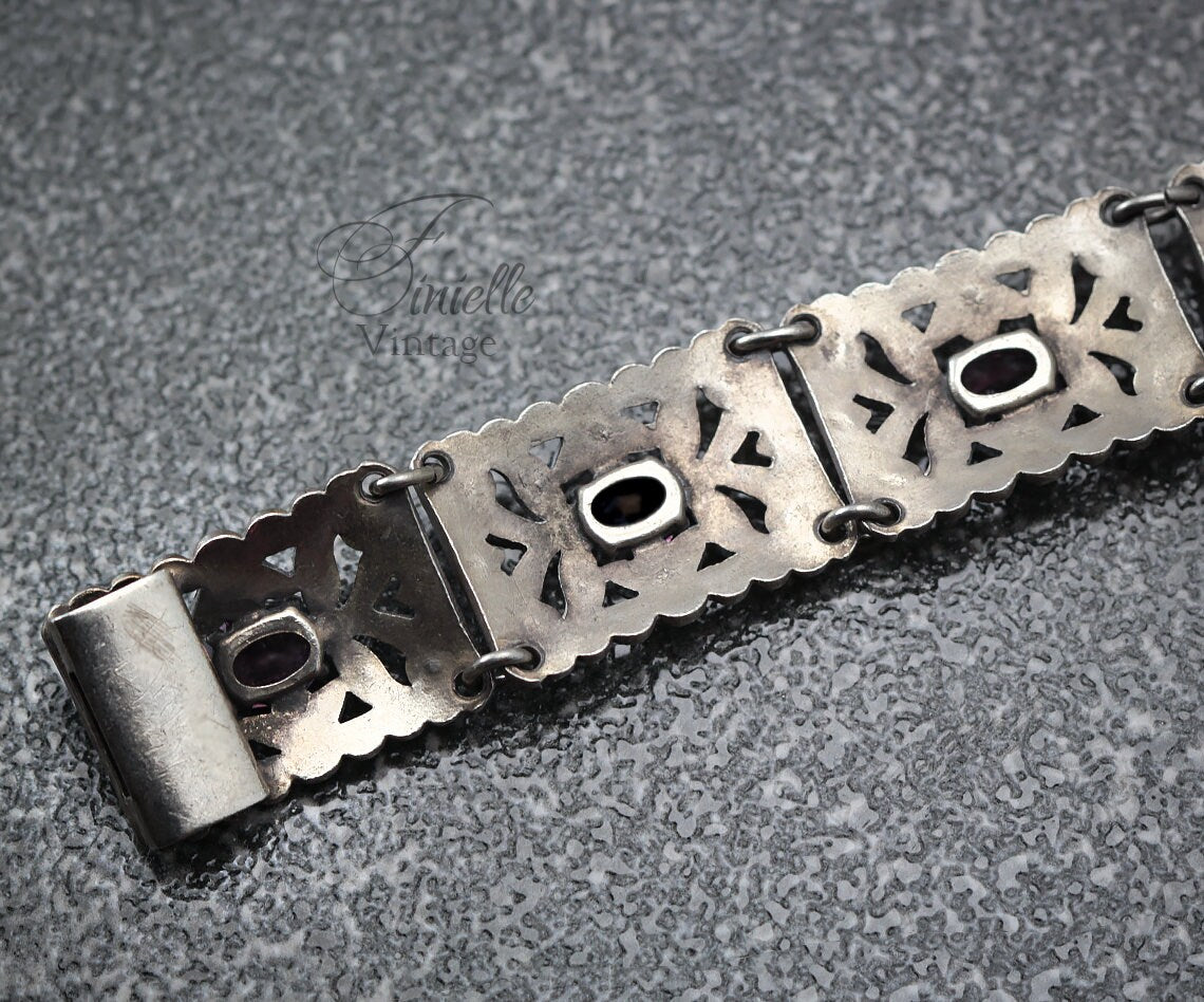 Antique 1920s Art Deco Filigree Panel Bracelet, Amethyst Glass Purple Rhinestones & Marcasite, Silver Plated Brass, Unique Gift Jewelry