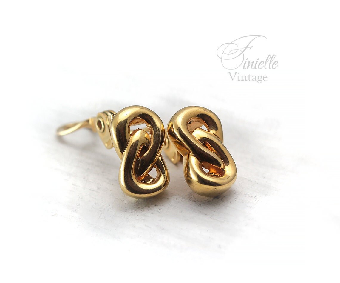 Vintage 1980s Monet Knot Clip-On Earrings, Yellow Gold Plated, Gift for Women, Yellow Gold Tone Art Deco style Jewelry jewellery