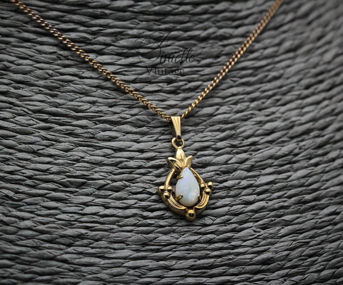 Vintage 1960s 12K Gold-Filled Small Pendant Necklace, Natural Opal, 18.5" Gilded Chain, Unique Vintage Jewelry Jewellery, Gift for Woman