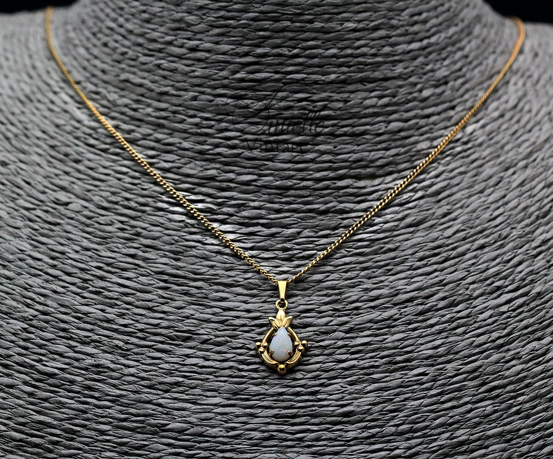 Vintage 1960s 12K Gold-Filled Small Pendant Necklace, Natural Opal, 18.5" Gilded Chain, Unique Vintage Jewelry Jewellery, Gift for Woman
