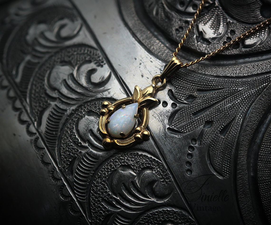 Vintage 1960s 12K Gold-Filled Small Pendant Necklace, Natural Opal, 18.5" Gilded Chain, Unique Vintage Jewelry Jewellery, Gift for Woman