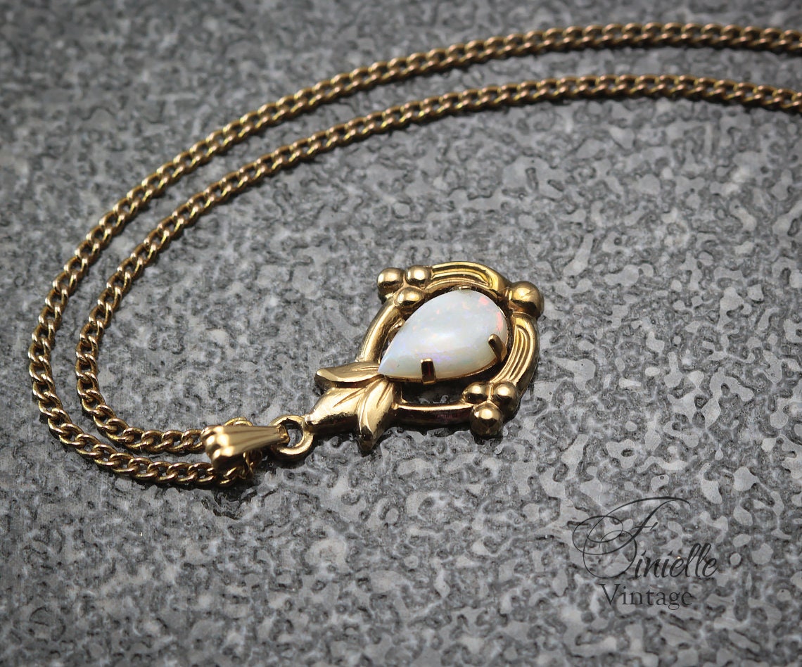 Vintage 1960s 12K Gold-Filled Small Pendant Necklace, Natural Opal, 18.5" Gilded Chain, Unique Vintage Jewelry Jewellery, Gift for Woman