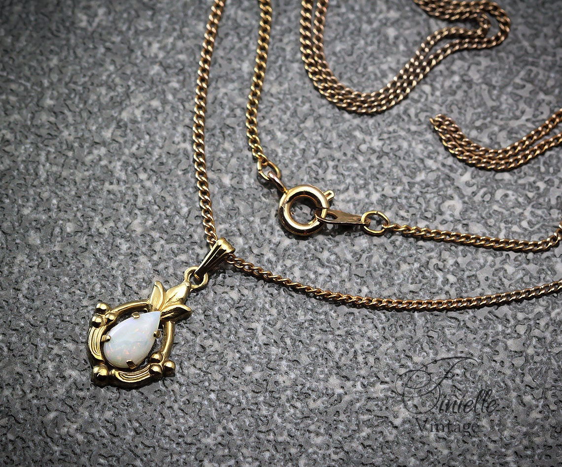 Vintage 1960s 12K Gold-Filled Small Pendant Necklace, Natural Opal, 18.5" Gilded Chain, Unique Vintage Jewelry Jewellery, Gift for Woman