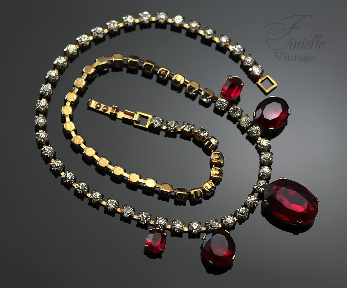 Vintage 1940-1950s Art Deco Czech Gold Plated Necklace, Garnet Red and Clear Glass Rhinestones, Unique Jewelry, Jewellery, Gift for Woman