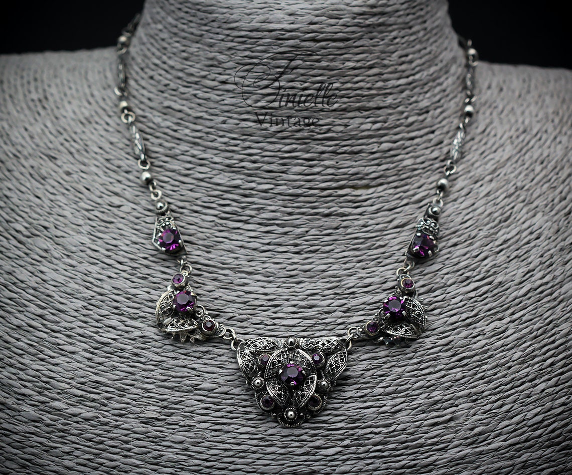 Vintage Art Deco 1920s-30s, Czech Craftsmanship Bohemian Filigree Necklace, Amethyst Crystal Rhinestones, Silver Plated, Unique Jewelry Gift