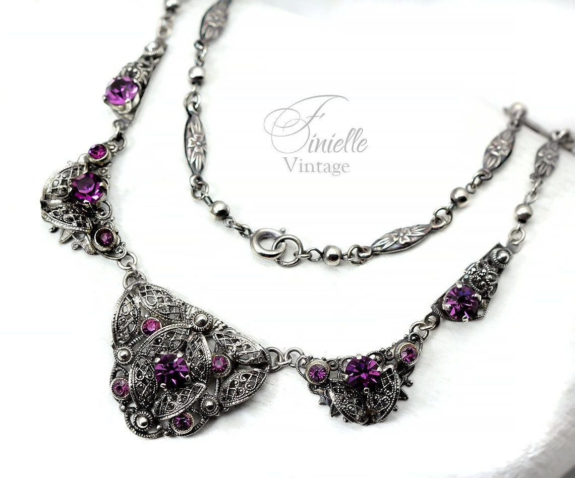 Vintage Art Deco 1920s-30s, Czech Craftsmanship Bohemian Filigree Necklace, Amethyst Crystal Rhinestones, Silver Plated, Unique Jewelry Gift
