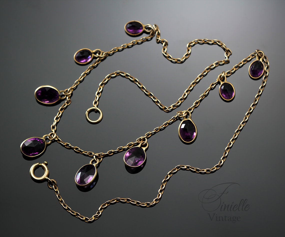 Antique Vintage c1920-30s Art Deco Gilded Necklace, Open Back Drop Purple Amethyst, Unique Jewelry Jewellery, Gift for Woman