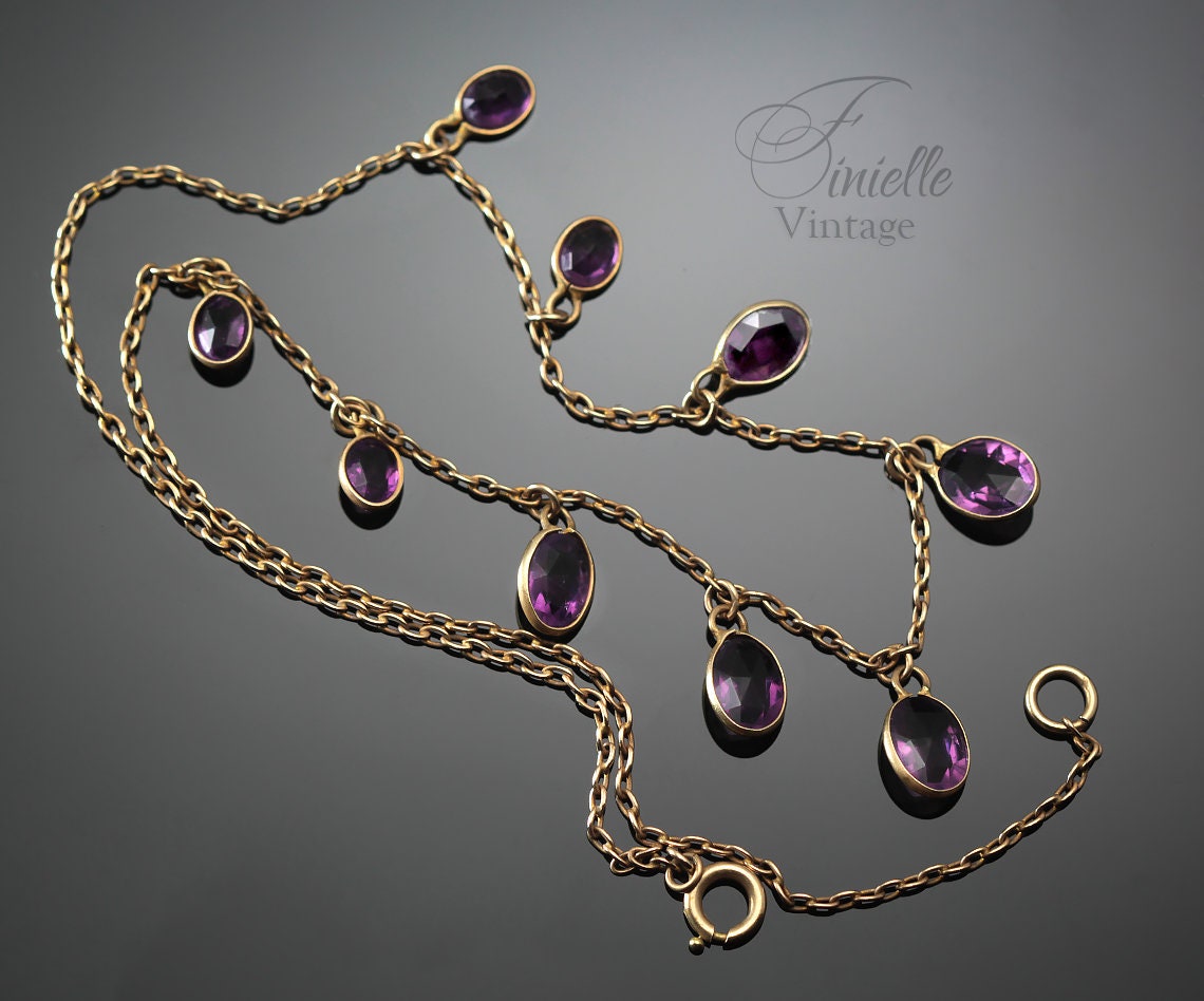 Antique Vintage c1920-30s Art Deco Gilded Necklace, Open Back Drop Purple Amethyst, Unique Jewelry Jewellery, Gift for Woman