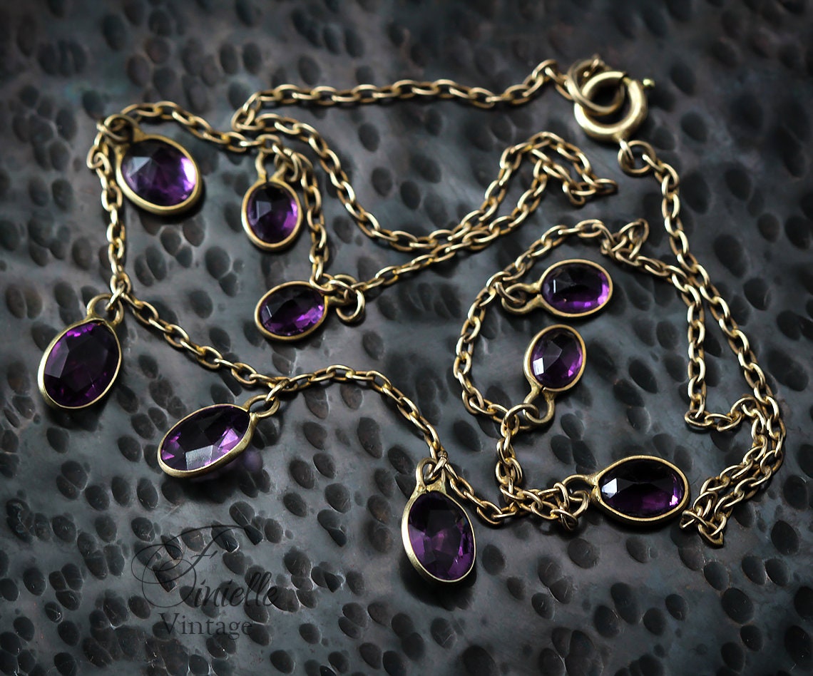 Antique Vintage c1920-30s Art Deco Gilded Necklace, Open Back Drop Purple Amethyst, Unique Jewelry Jewellery, Gift for Woman