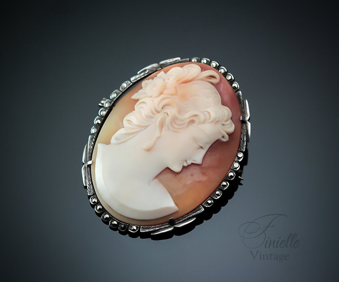 Antique Vintage Art Deco c1910-20s, Hand Carved Silver Shell Cameo Brooch Pin, Marcasite Mount, Silver 800, Unique Gift Jewelry Jewellery