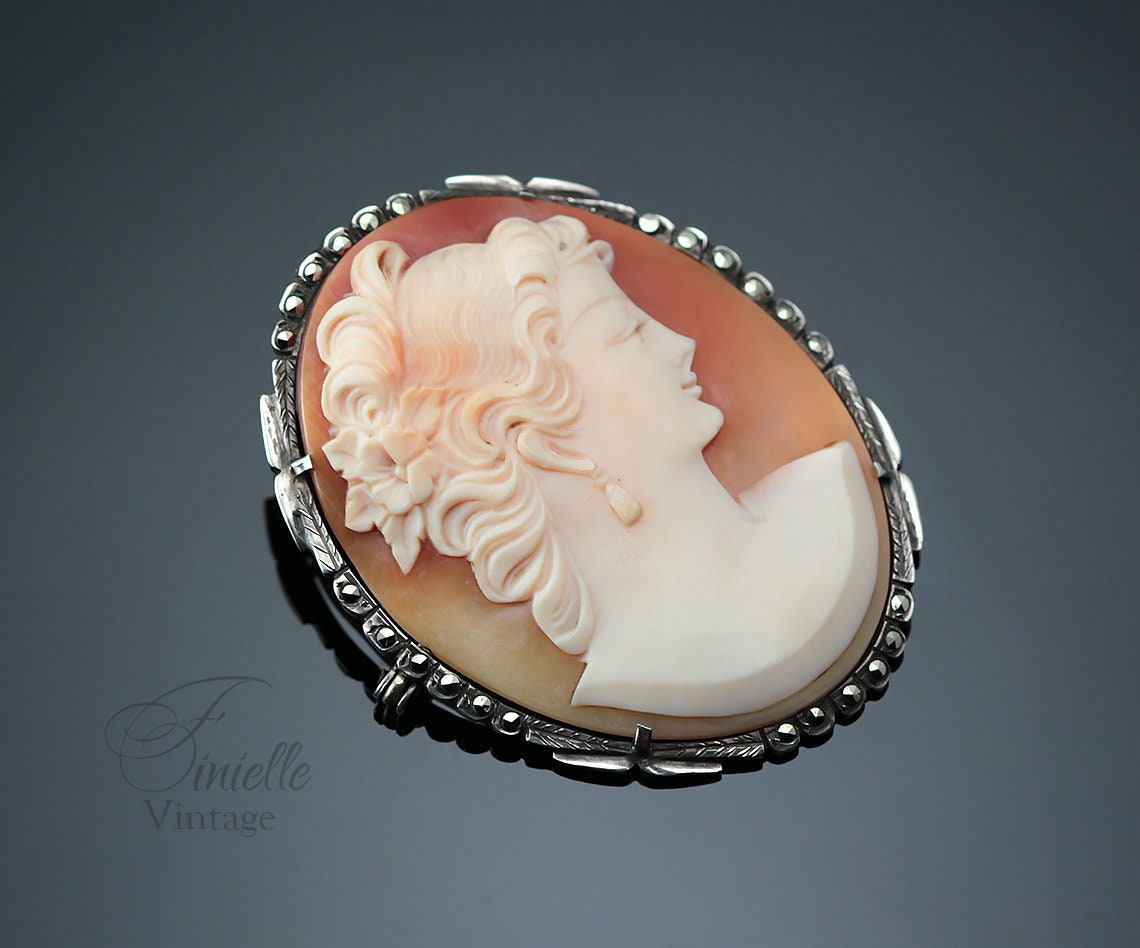 Antique Vintage Art Deco c1910-20s, Hand Carved Silver Shell Cameo Brooch Pin, Marcasite Mount, Silver 800, Unique Gift Jewelry Jewellery