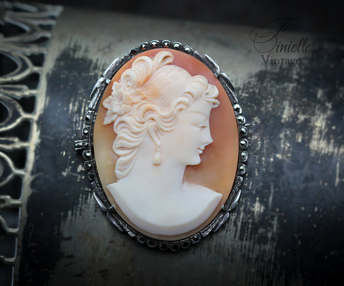 Antique Vintage Art Deco c1910-20s, Hand Carved Silver Shell Cameo Brooch Pin, Marcasite Mount, Silver 800, Unique Gift Jewelry Jewellery