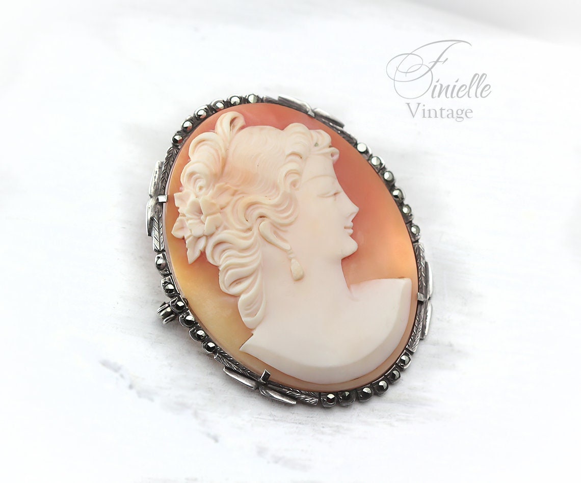 Antique Vintage Art Deco c1910-20s, Hand Carved Silver Shell Cameo Brooch Pin, Marcasite Mount, Silver 800, Unique Gift Jewelry Jewellery