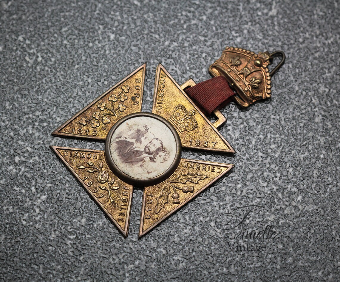 Antique 1897 Queen Victoria Diamond Jubilee Medal, Family Photo in Sepia, Cross Medal Badge, Antique Patina, Gold Plated Bronze, RARE item
