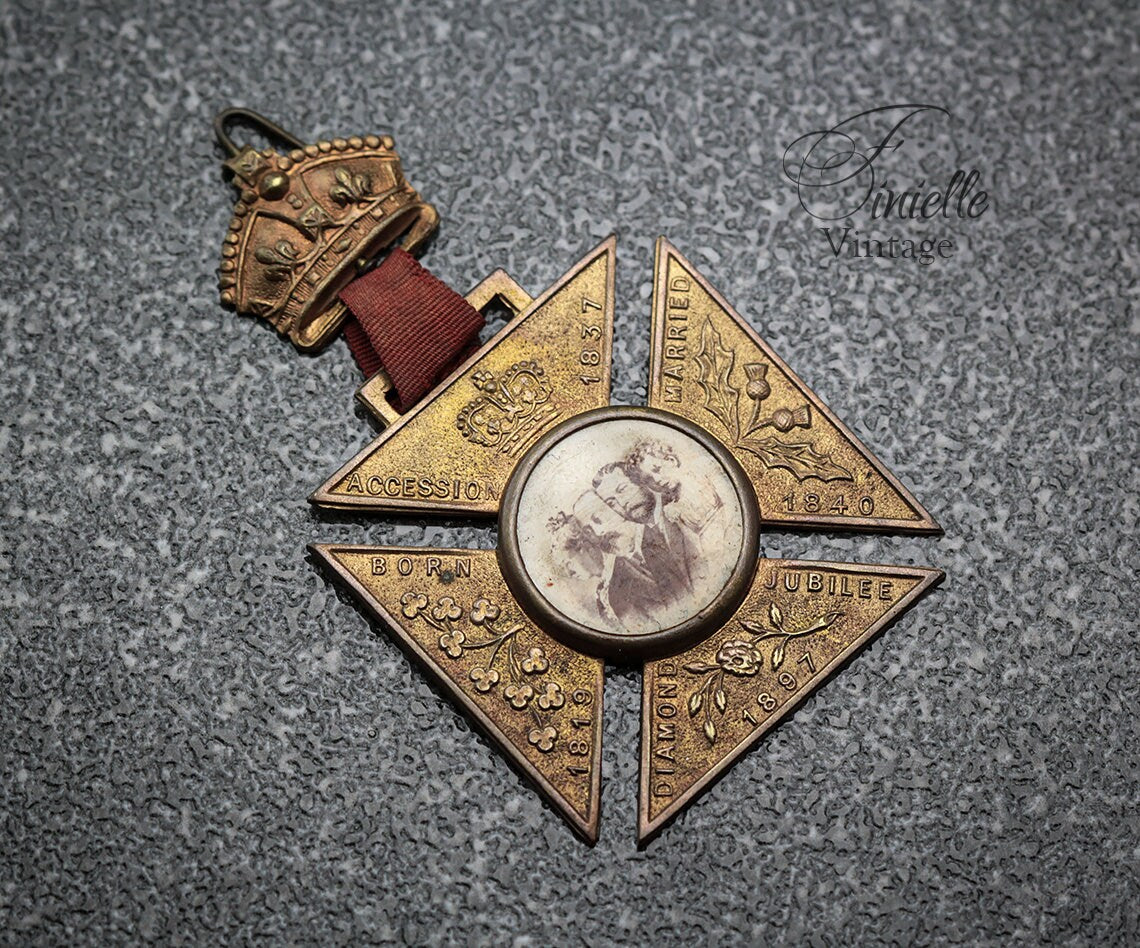 Antique 1897 Queen Victoria Diamond Jubilee Medal, Family Photo in Sepia, Cross Medal Badge, Antique Patina, Gold Plated Bronze, RARE item