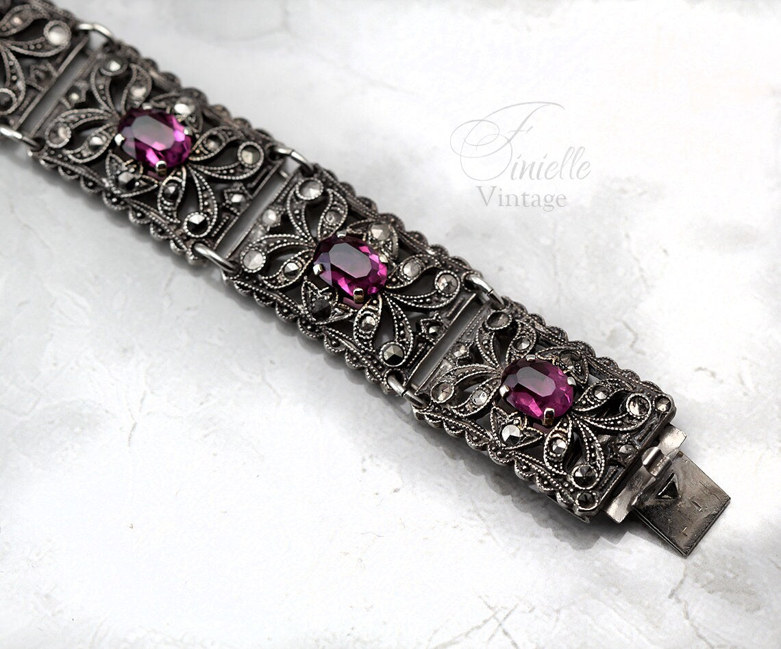 Antique 1920s Art Deco Filigree Panel Bracelet, Amethyst Glass Purple Rhinestones & Marcasite, Silver Plated Brass, Unique Gift Jewelry
