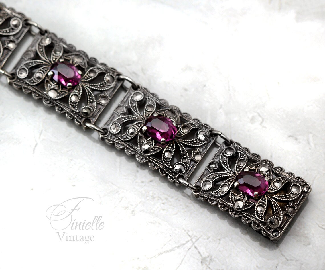 Antique 1920s Art Deco Filigree Panel Bracelet, Amethyst Glass Purple Rhinestones & Marcasite, Silver Plated Brass, Unique Gift Jewelry